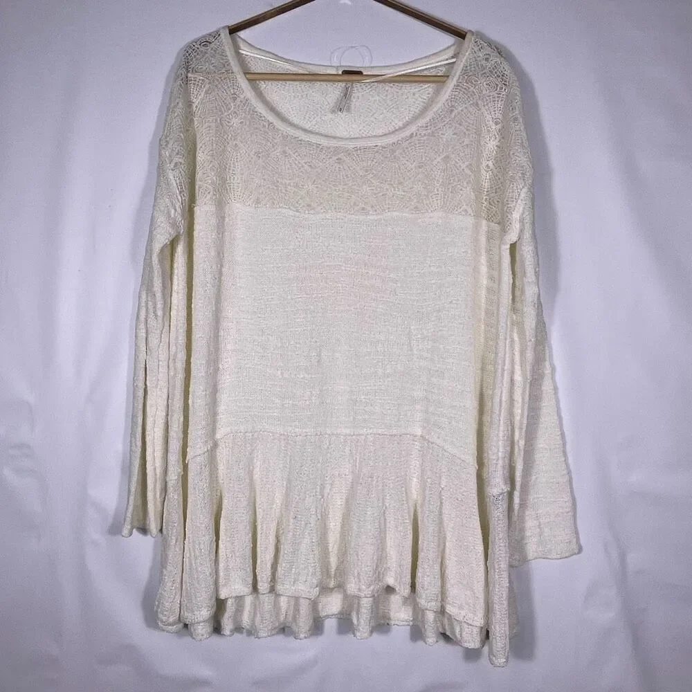 Free People Ivory Kristobel Mixed Media Sheer Lace Knit Sweater Top Medium